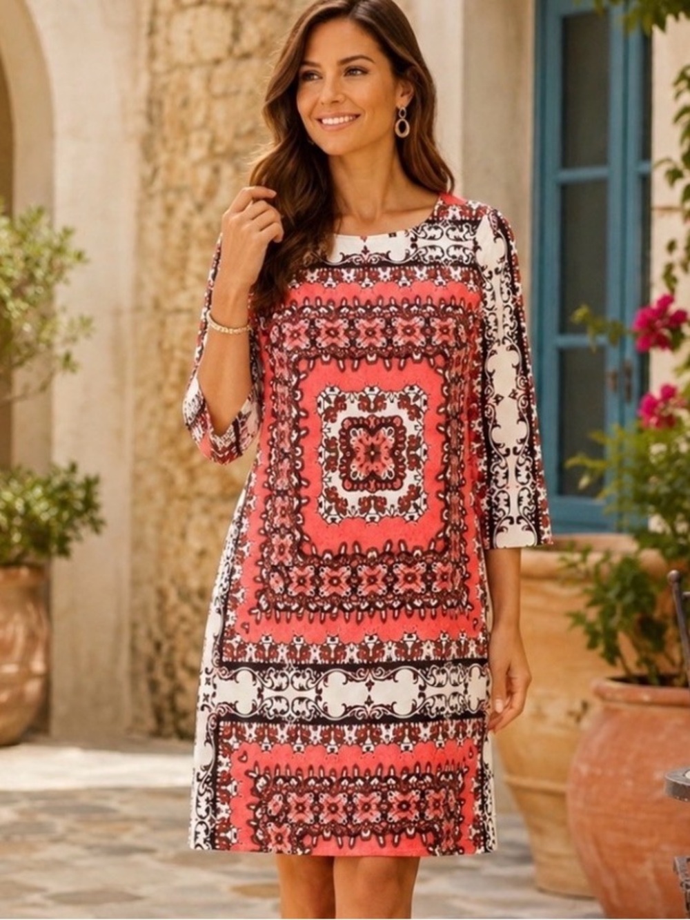 The Limited Women Shift Dress Sz Small Orange Medallion 3/4 Sleeves